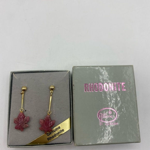 Gold Plated earrings with Carved pink Rhodonite leaves 1.5” - Picture 8 of 8